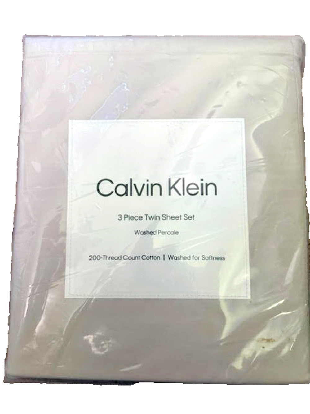 Calvin Klein Twin 3 Piece Sheet Set Beige Washed Percale 200TC Cotton NEW